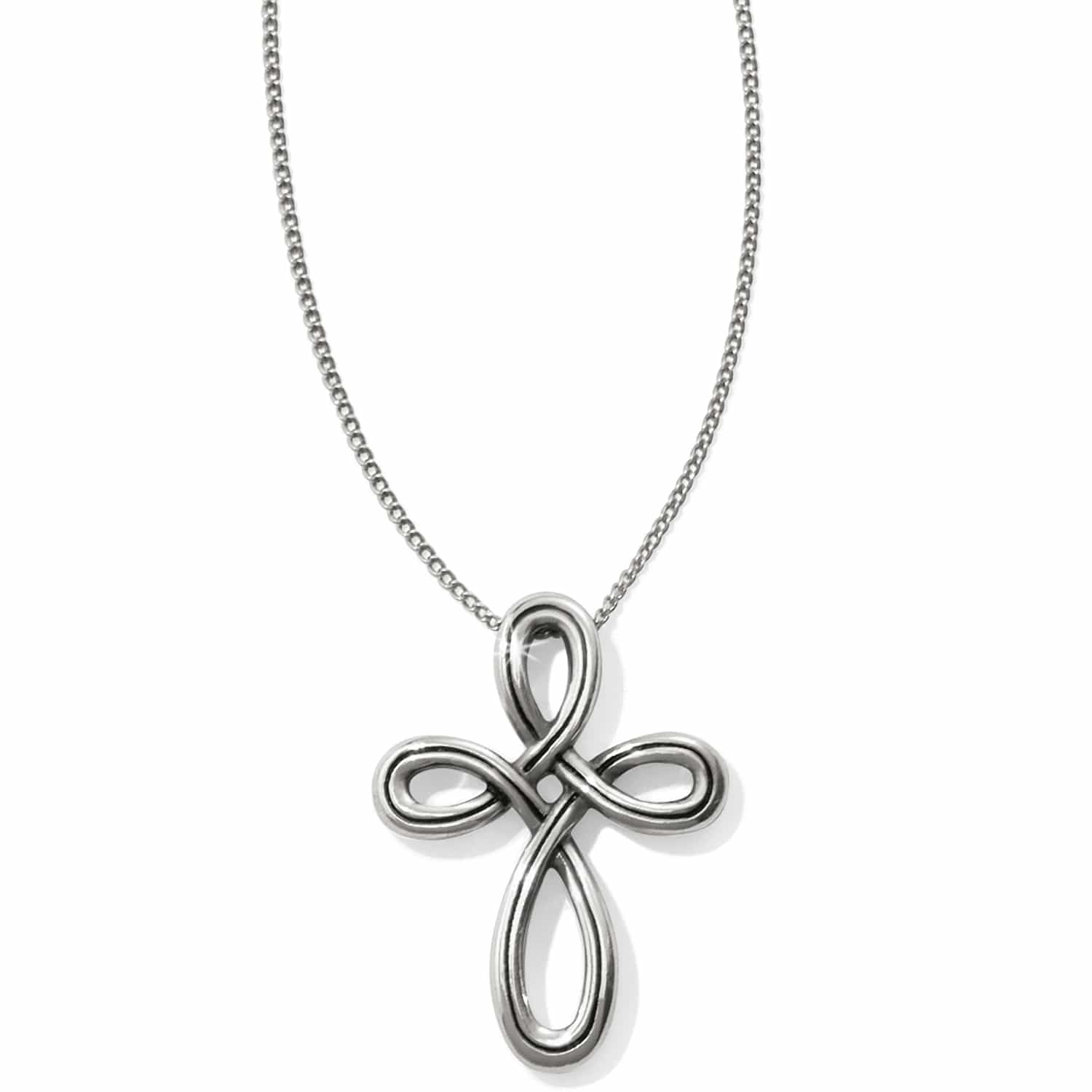 Brighton pendant necklace with silver-plated looped cross design and delicate chain on a white background