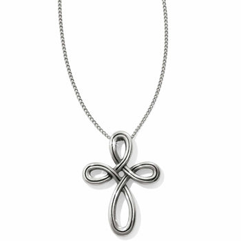 Brighton pendant necklace with silver-plated looped cross design and delicate chain on a white background