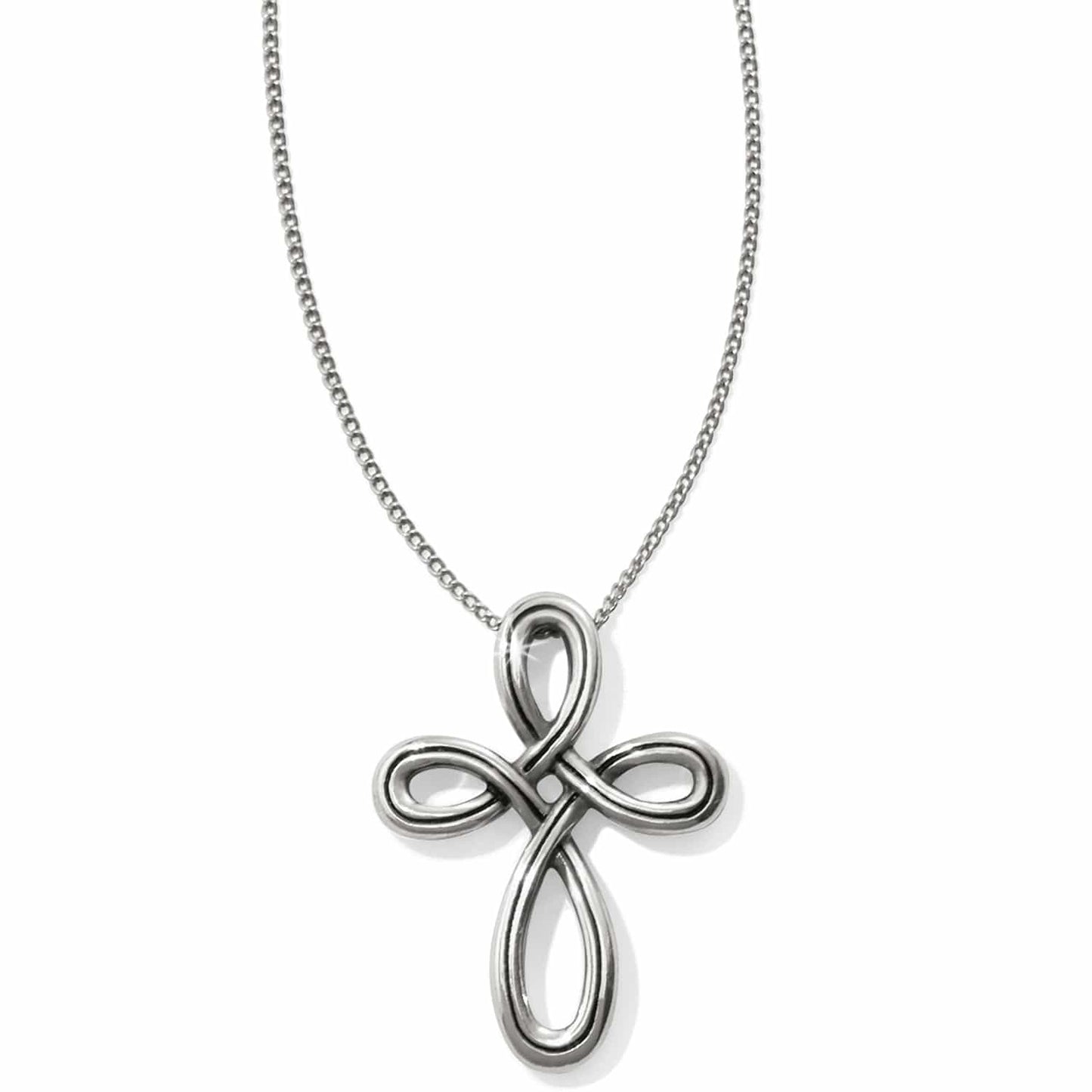 Brighton pendant necklace with silver-plated looped cross design and delicate chain on a white background