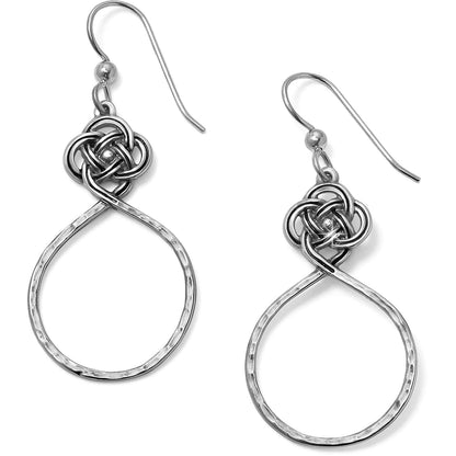 Brighton drop earrings with silver-plated knot motifs and hammered teardrop hoops on a white background