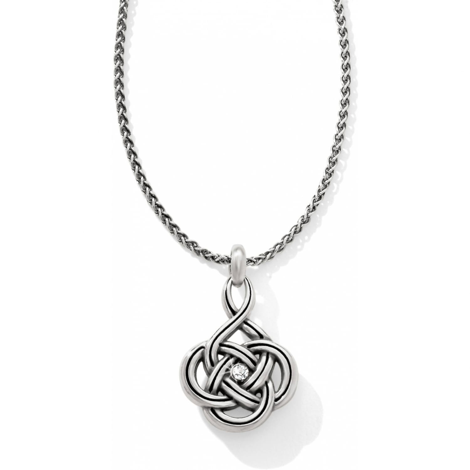Brighton pendant necklace with silver-plated Celtic knot design and center crystal accent on a white background