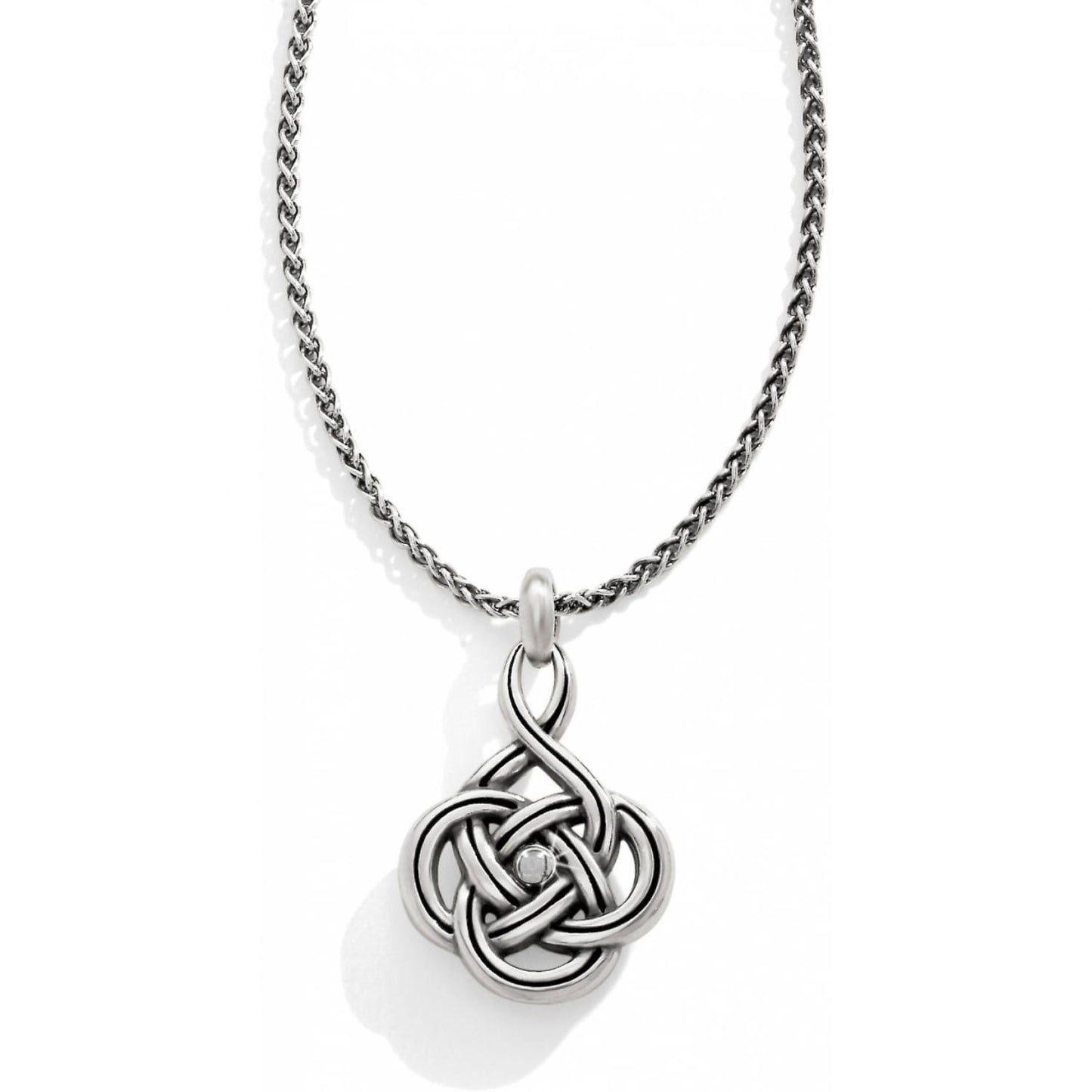 Brighton pendant necklace with silver-plated Celtic knot design and small crystal center accent on a white background