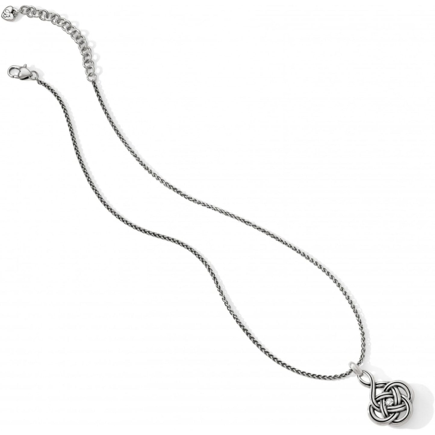 Brighton pendant necklace with silver-plated Celtic knot charm, crystal center, and adjustable chain on a white background