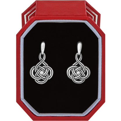 Brighton drop earrings with silver-plated Celtic knot design and crystal centers displayed in a red gift box