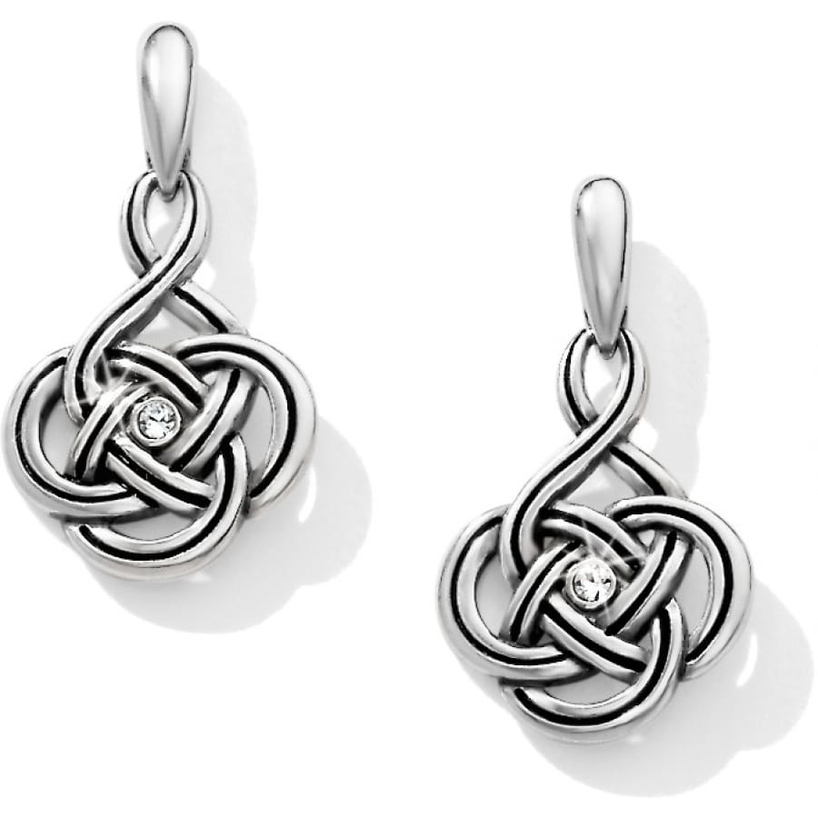Brighton drop earrings with silver-plated Celtic knot design and small crystal centers on a white background