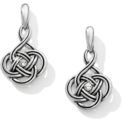 Brighton drop earrings with silver-plated Celtic knot design and small crystal centers on a white background