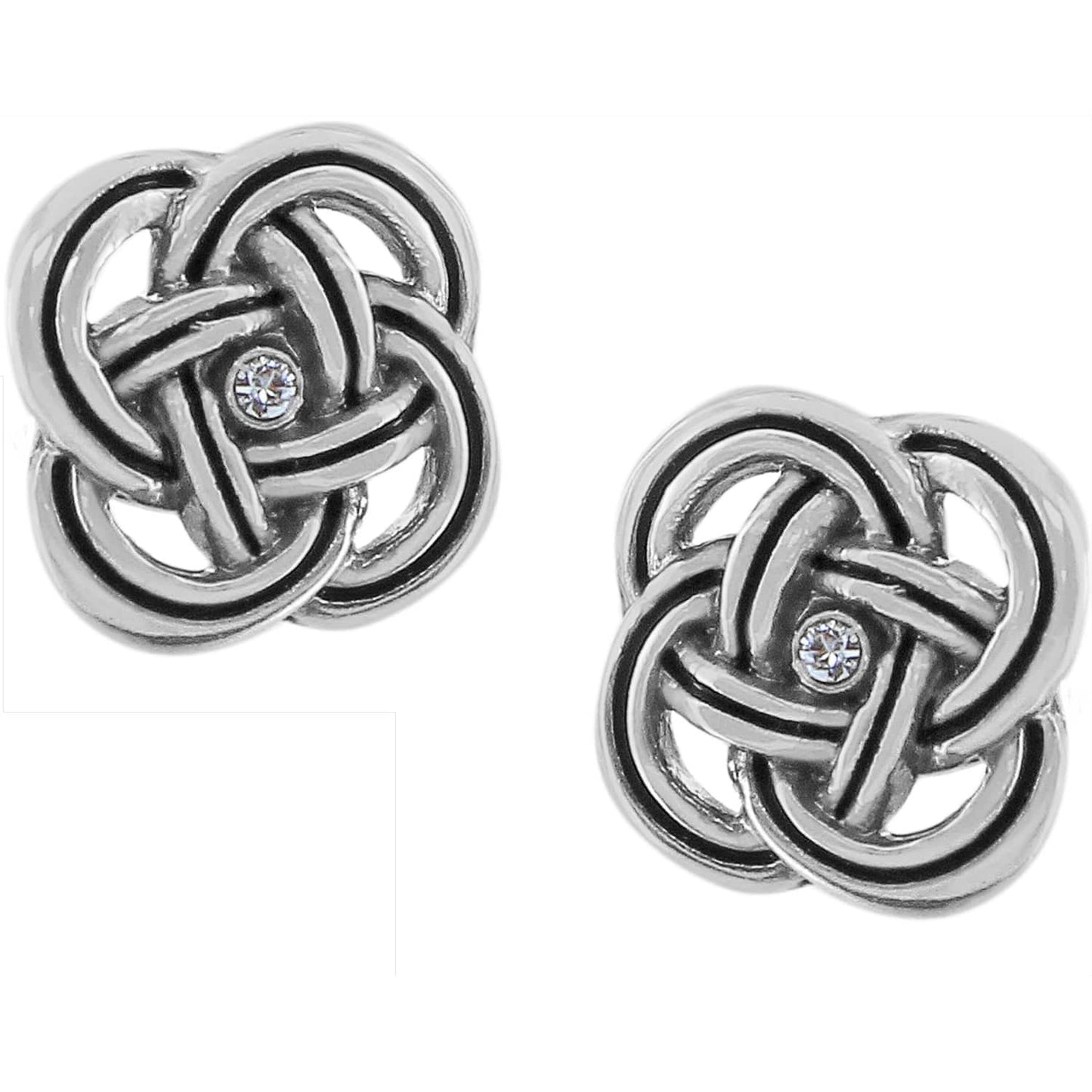 Brighton stud earrings with silver-plated Celtic knot design and center crystal accents on a white background