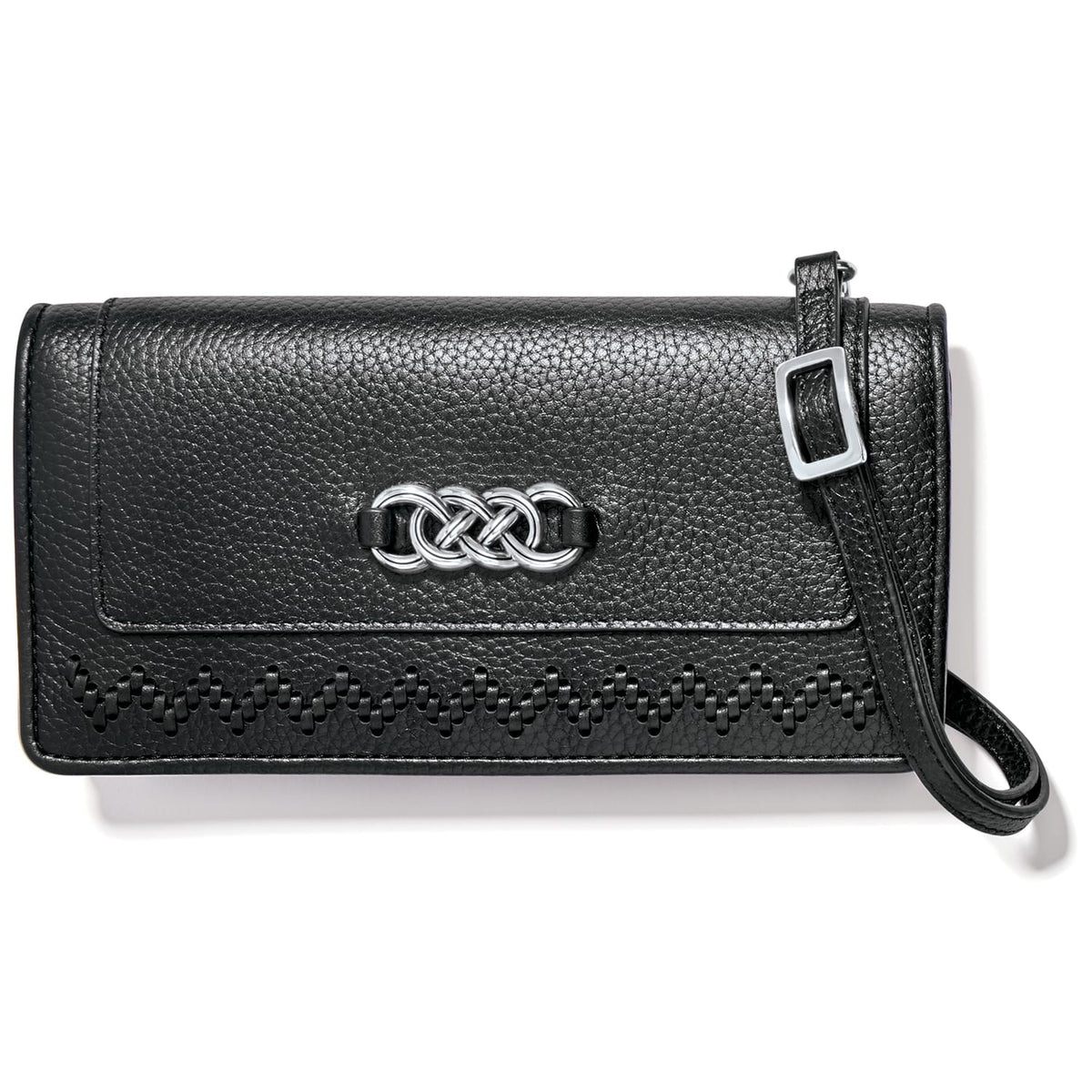 Brighton black leather crossbody wallet with silver-tone knot emblem, woven trim detail, and adjustable strap on a white background