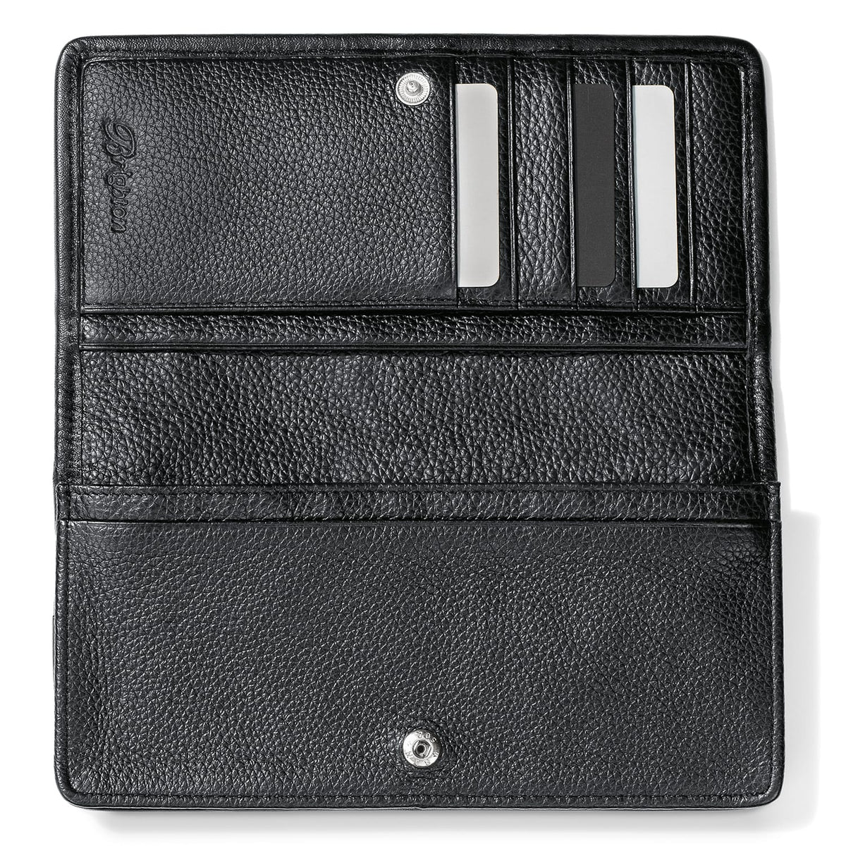 Brighton black leather wallet shown open with card slots, bill compartments, and snap closure on a white background