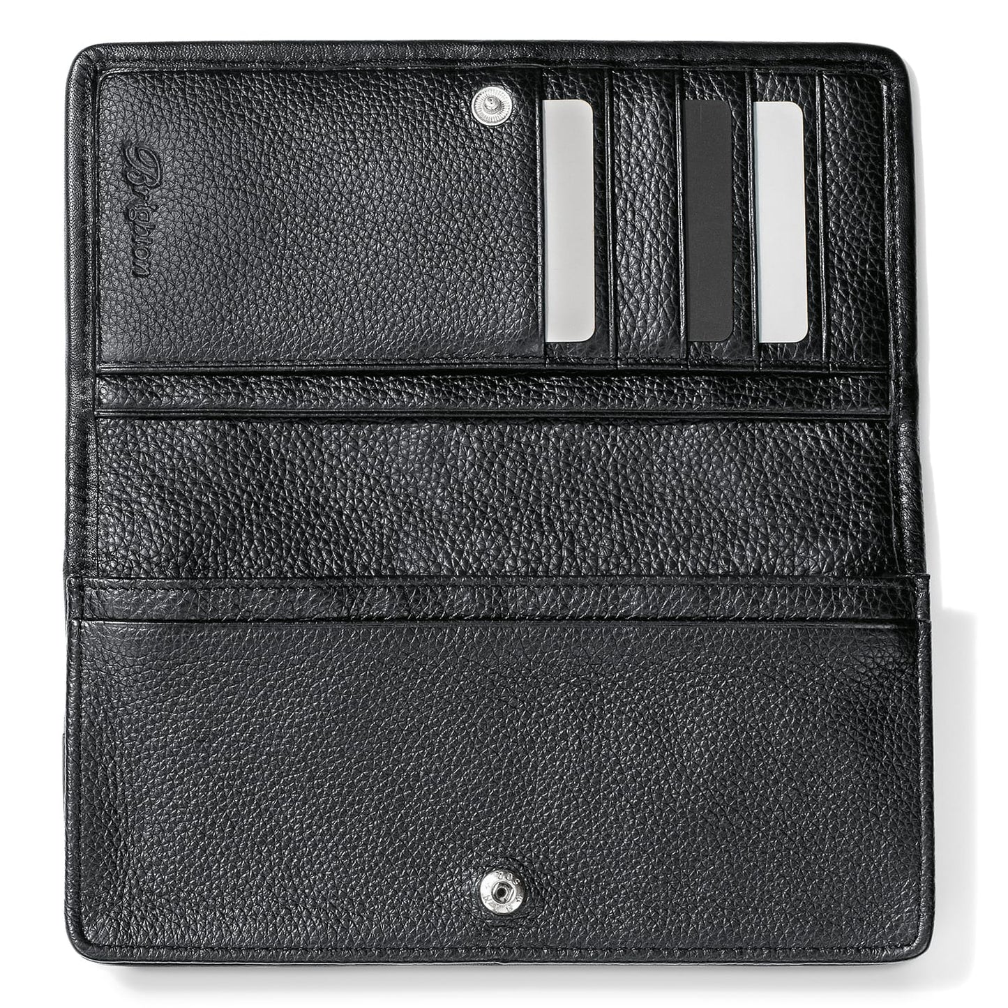 Brighton black leather wallet shown open with card slots, bill compartments, and snap closure on a white background