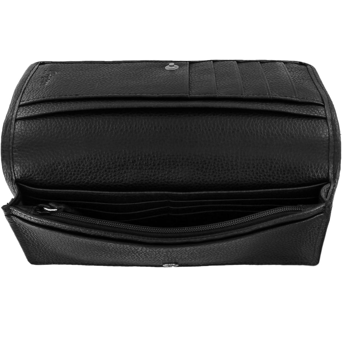 Brighton black pebbled leather wallet shown open with interior card slots and zippered compartment on a white background