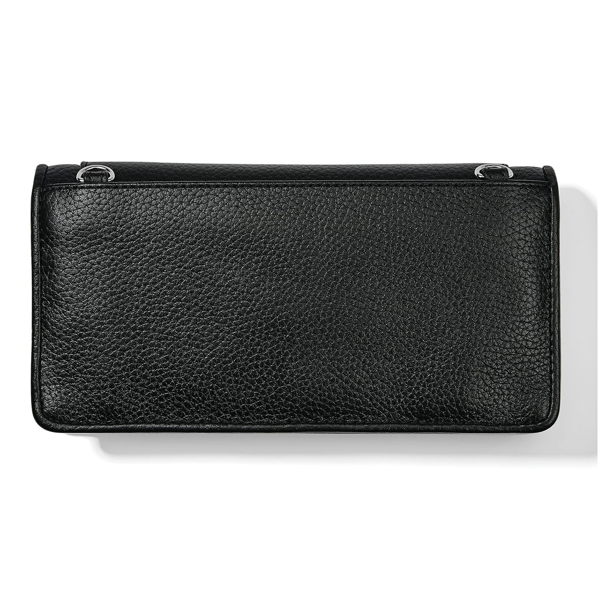 Brighton black pebbled leather handbag shown from the back with silver-tone strap rings on a white background