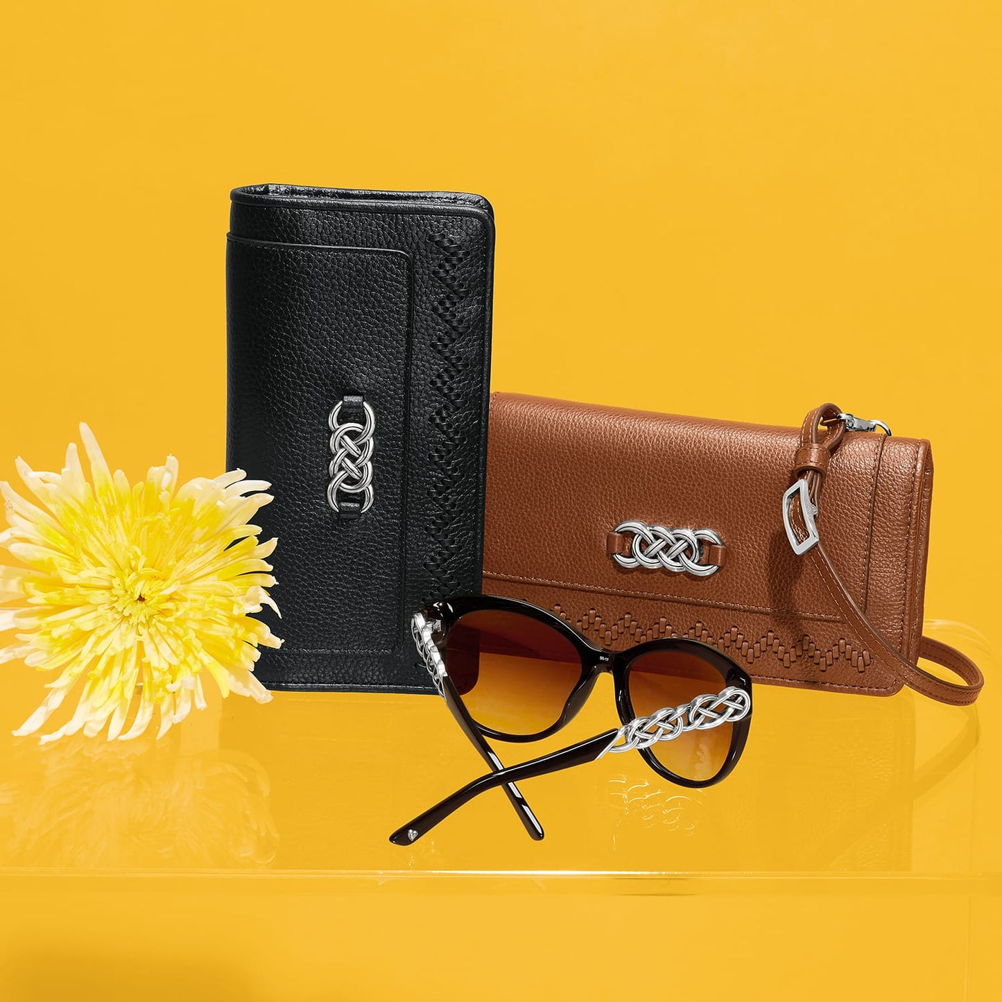 Brighton wallets styled with sunglasses and a yellow flower featuring silver-tone knot accents on yellow background