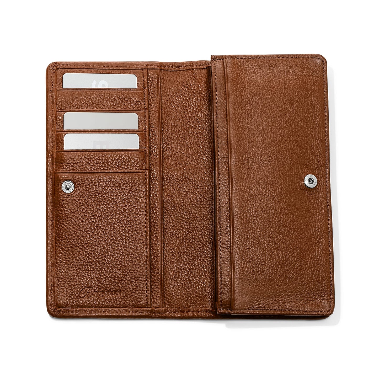 Brighton brown pebbled leather wallet shown open with card slots and snap closures on a white background