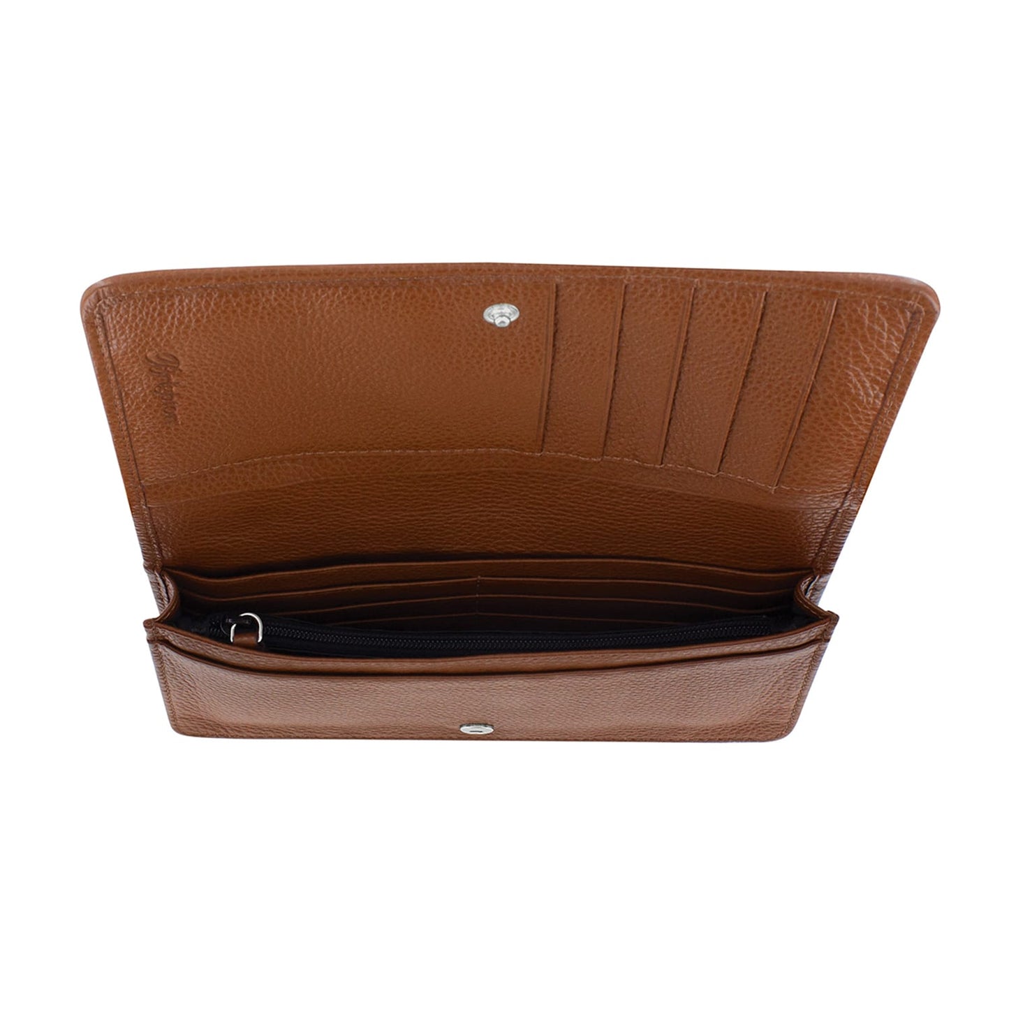 Brighton brown pebbled leather wallet shown open with card slots, zippered pocket, and snap closure on a white background