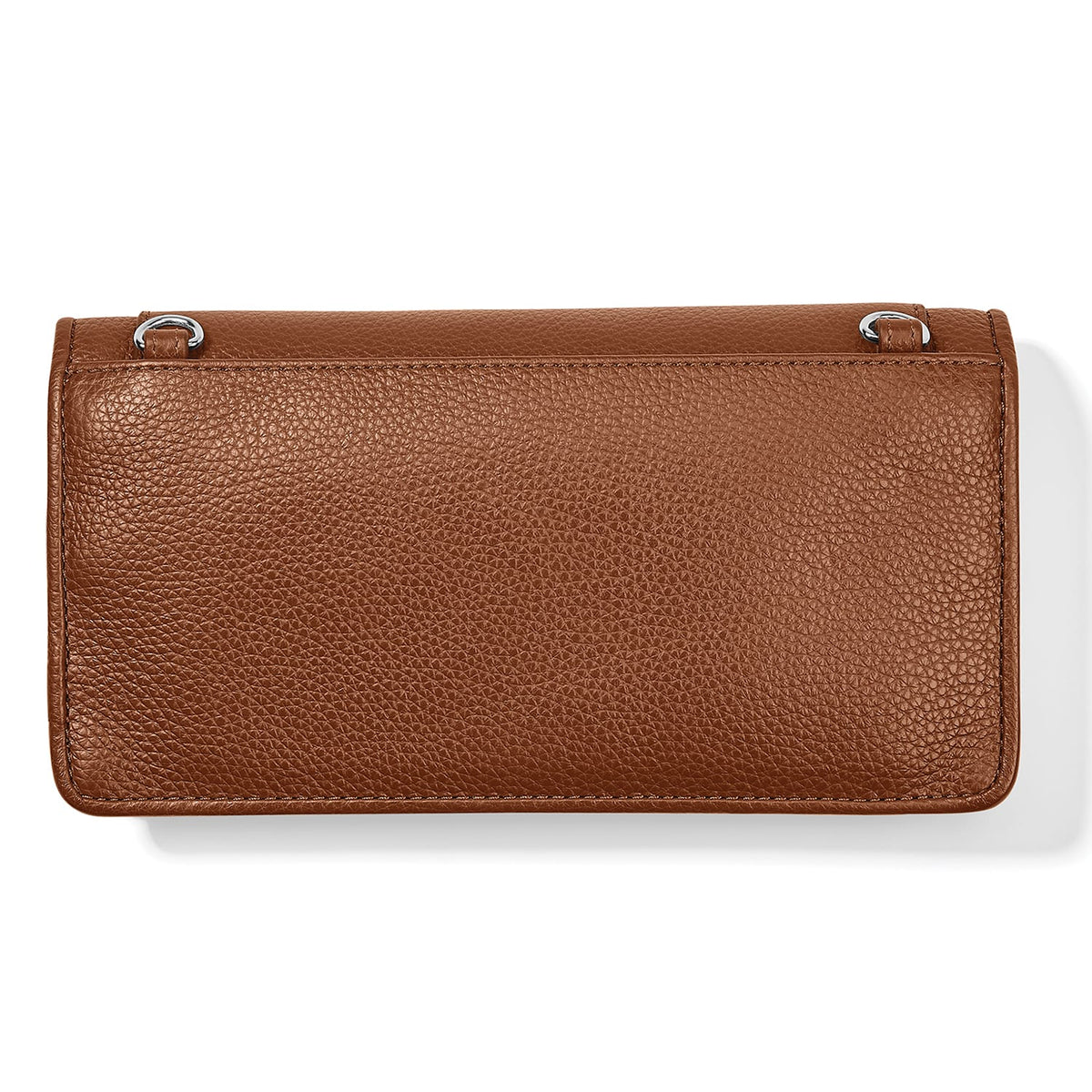 Brighton handbag shown from the back in brown pebbled leather with silver-tone strap rings on a white background