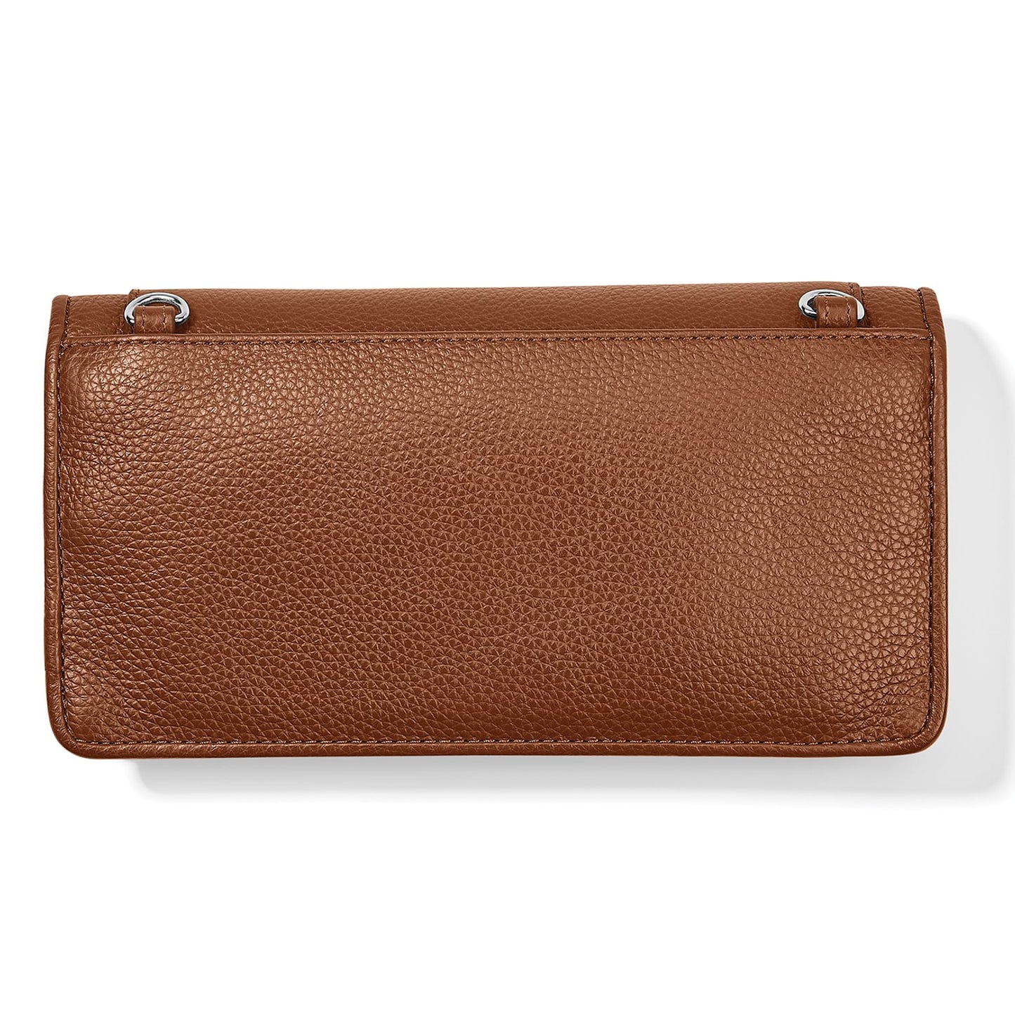 Brighton handbag shown from the back in brown pebbled leather with silver-tone strap rings on a white background