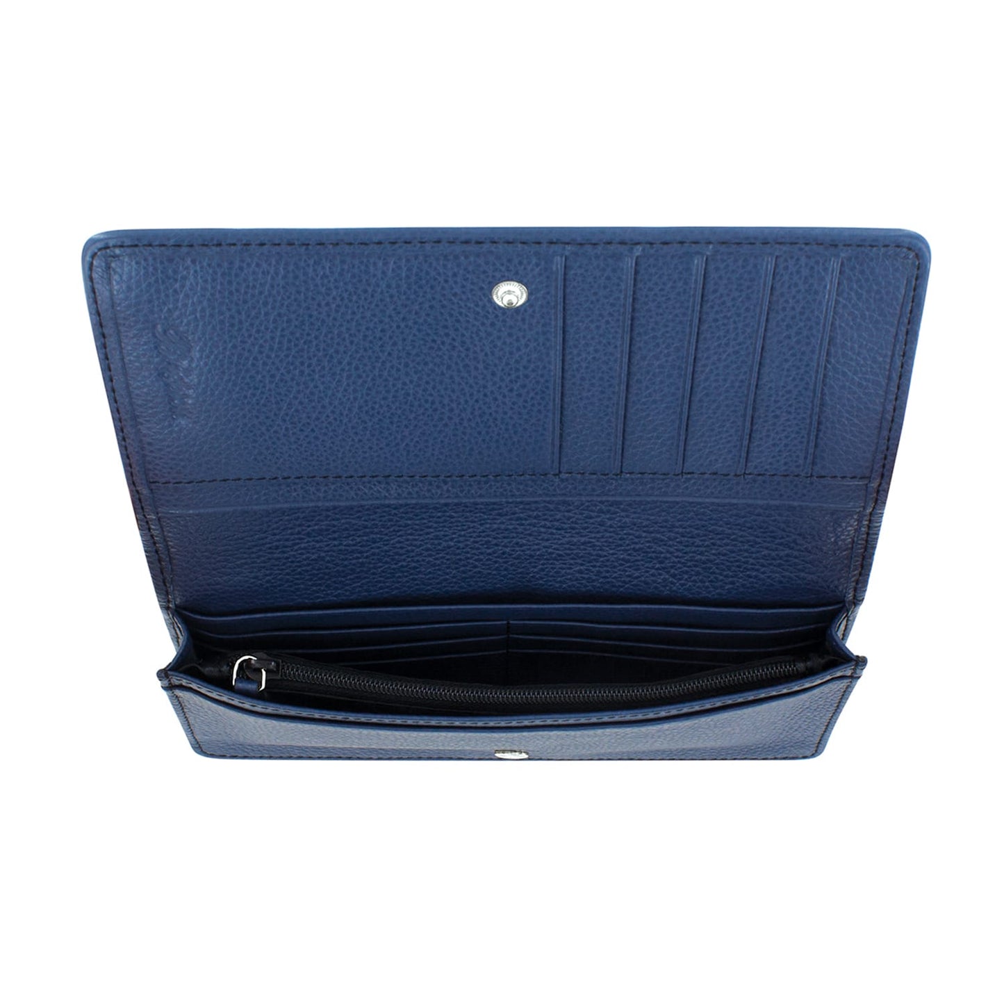 Brighton blue leather wallet shown open with card slots, snap closure, and zippered pocket on a white background