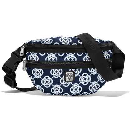 Brighton belt bag with navy and white Celtic knot print, black adjustable strap, and buckle closure on a white background