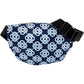 Brighton belt bag with navy and light blue Celtic knot print, black adjustable strap and buckle on a white background