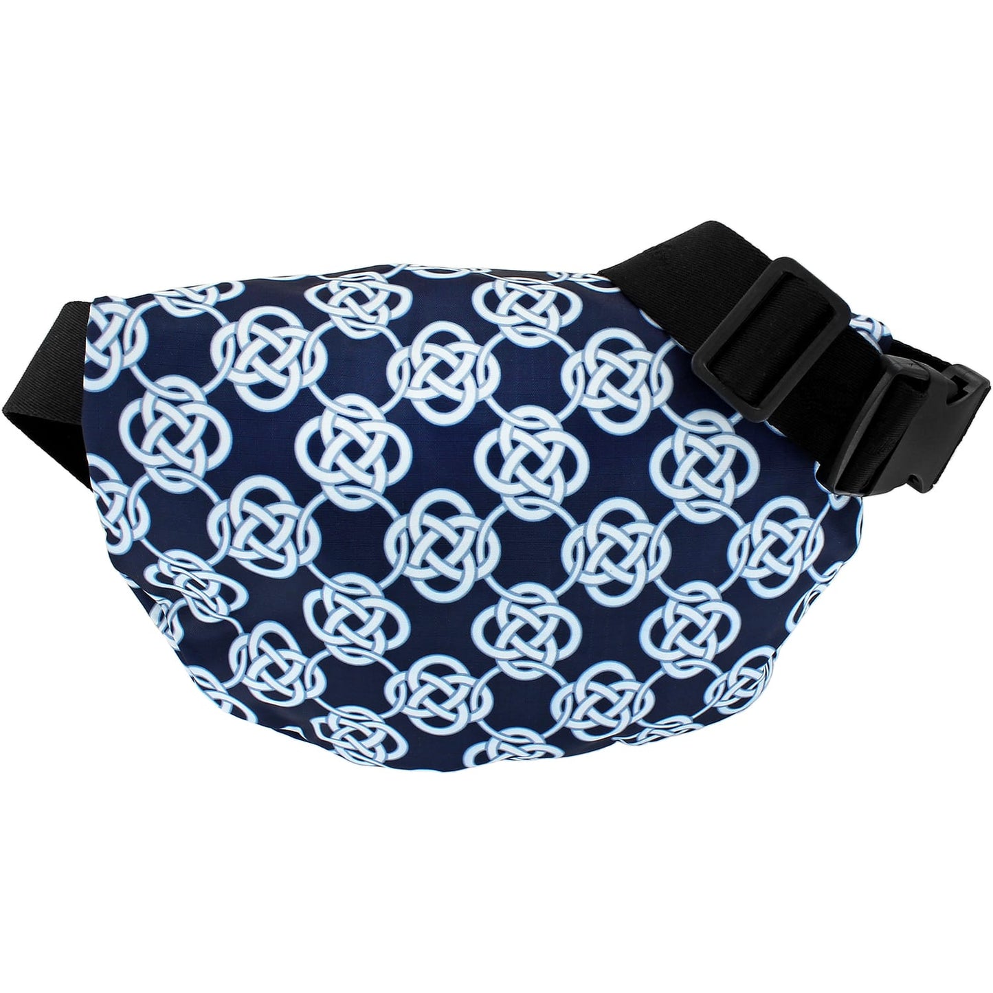 Brighton belt bag with navy and light blue Celtic knot print, black adjustable strap and buckle on a white background