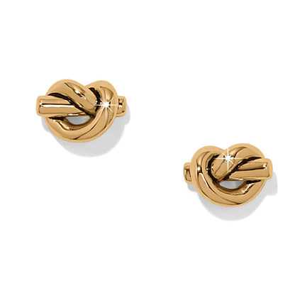 Brighton stud earrings with gold-plated knotted heart-shaped design and polished finish on a white background