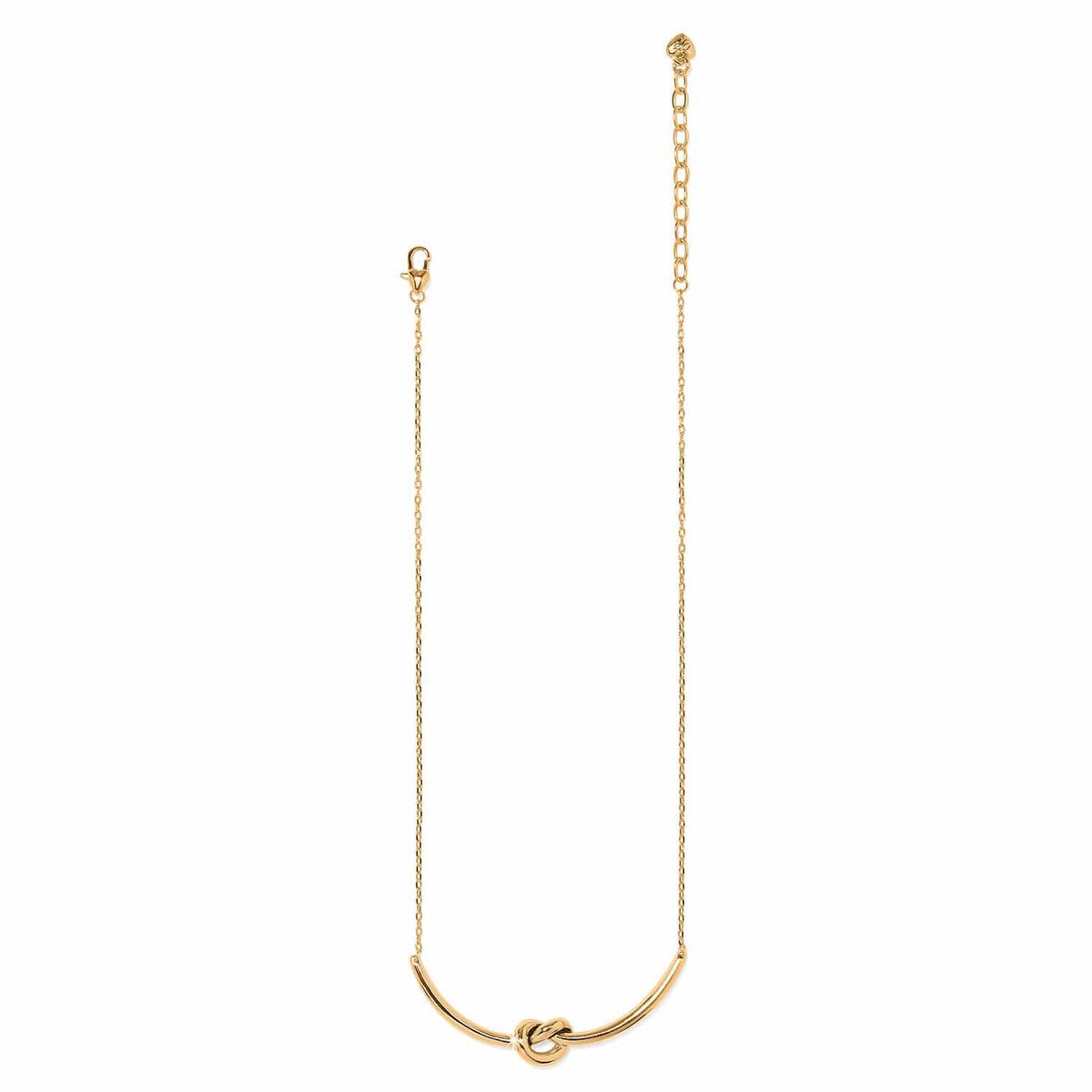 Brighton gold-plated necklace with curved bar pendant featuring a center knot detail and lobster clasp on a white background