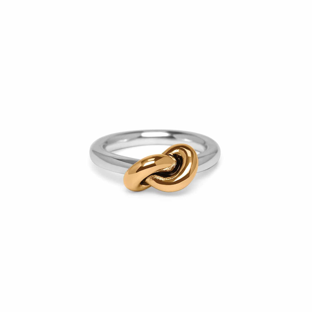 Brighton ring with silver-plated band and gold-plated knot centerpiece design on a white background