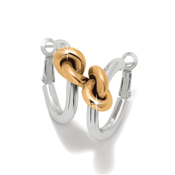 Brighton hoop earrings with silver-tone hoops and two-tone gold knot accents on a white background
