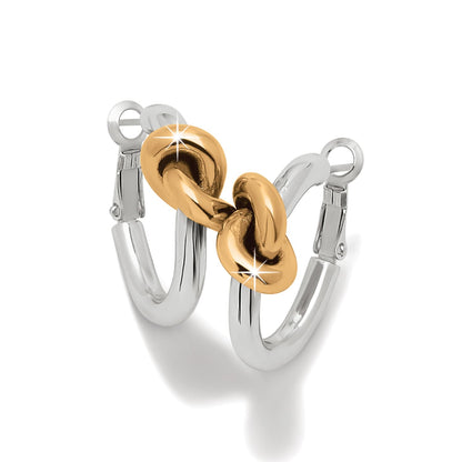 Brighton hoop earrings with silver-tone hoops and two-tone gold knot accents on a white background