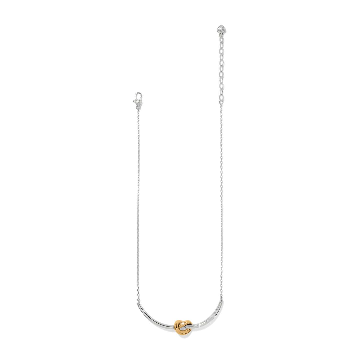 Brighton necklace with silver-tone chain and curved bar featuring a gold-tone knot accent on a white background