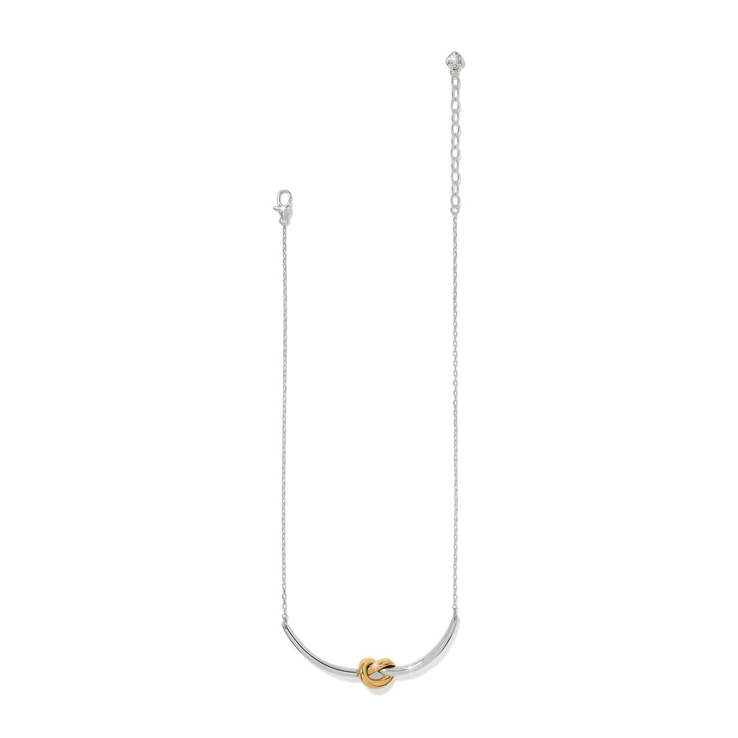 Brighton necklace with silver-tone chain and curved bar featuring a gold-tone knot accent on a white background