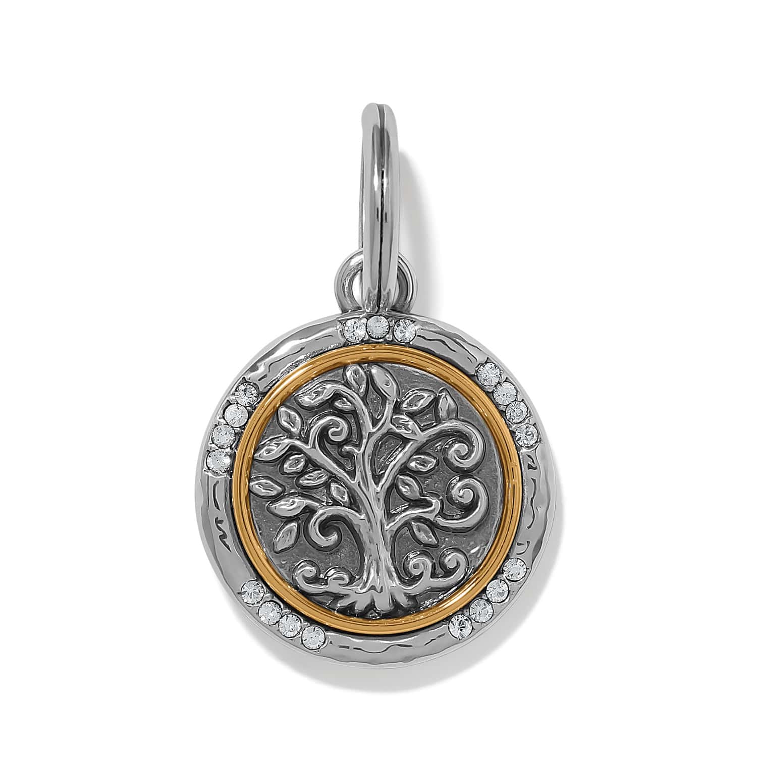 Brighton tree of life charm in two-tone finish with crystal accents and hammered border on a white background