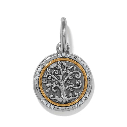 Brighton tree of life charm in two-tone finish with crystal accents and hammered border on a white background