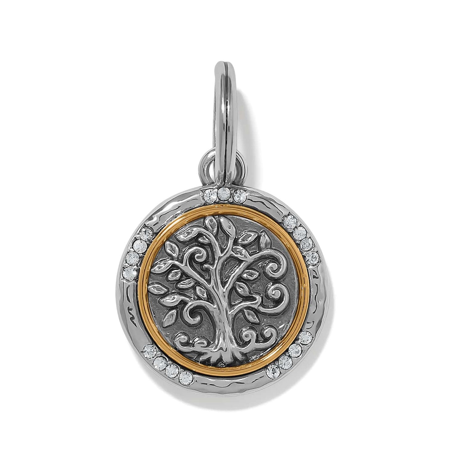 Brighton tree of life charm in two-tone finish with crystal accents and hammered border on a white background