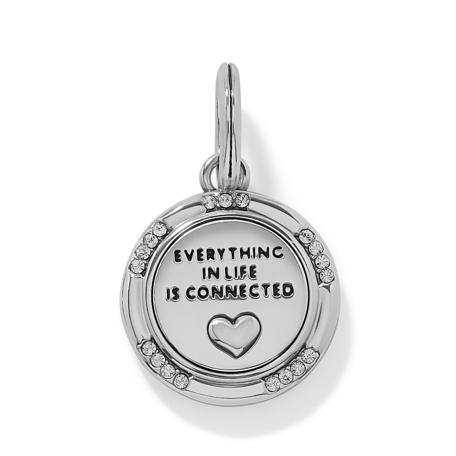 Brighton round charm with engraved inspirational message, heart motif, and crystal accents on a white background