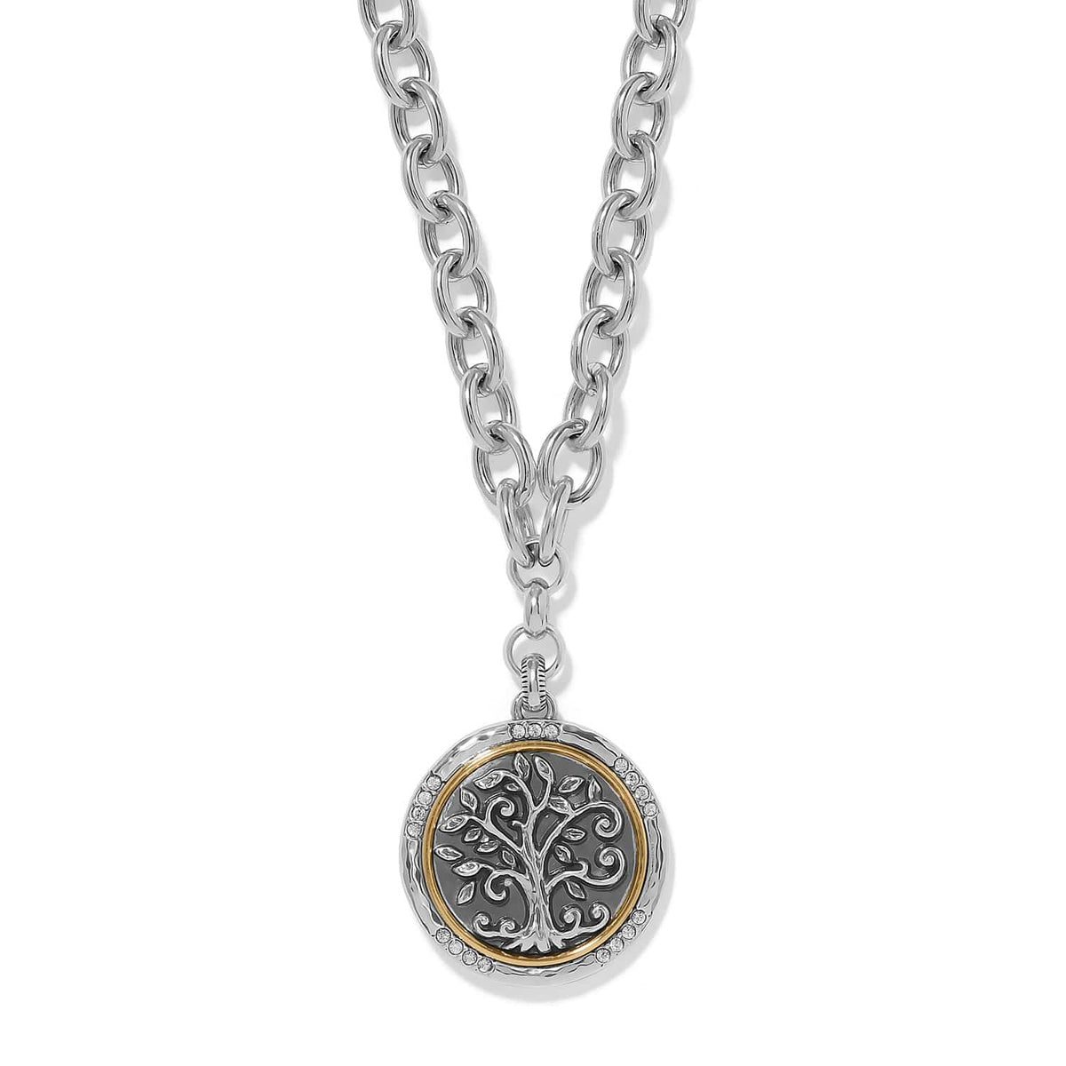 Brighton pendant necklace with two-tone tree of life medallion, crystal accents, and chunky silver-tone chain on a white background