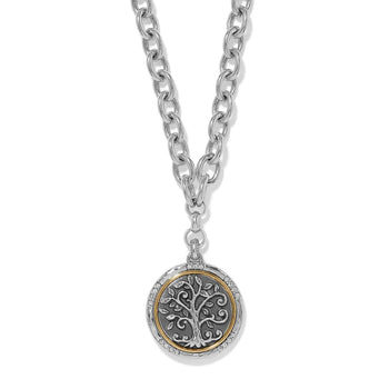 Brighton pendant necklace with two-tone tree of life medallion, crystal accents, and chunky silver-tone chain on a white background