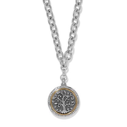 Brighton pendant necklace with two-tone tree of life medallion, crystal accents, and chunky silver-tone chain on a white background