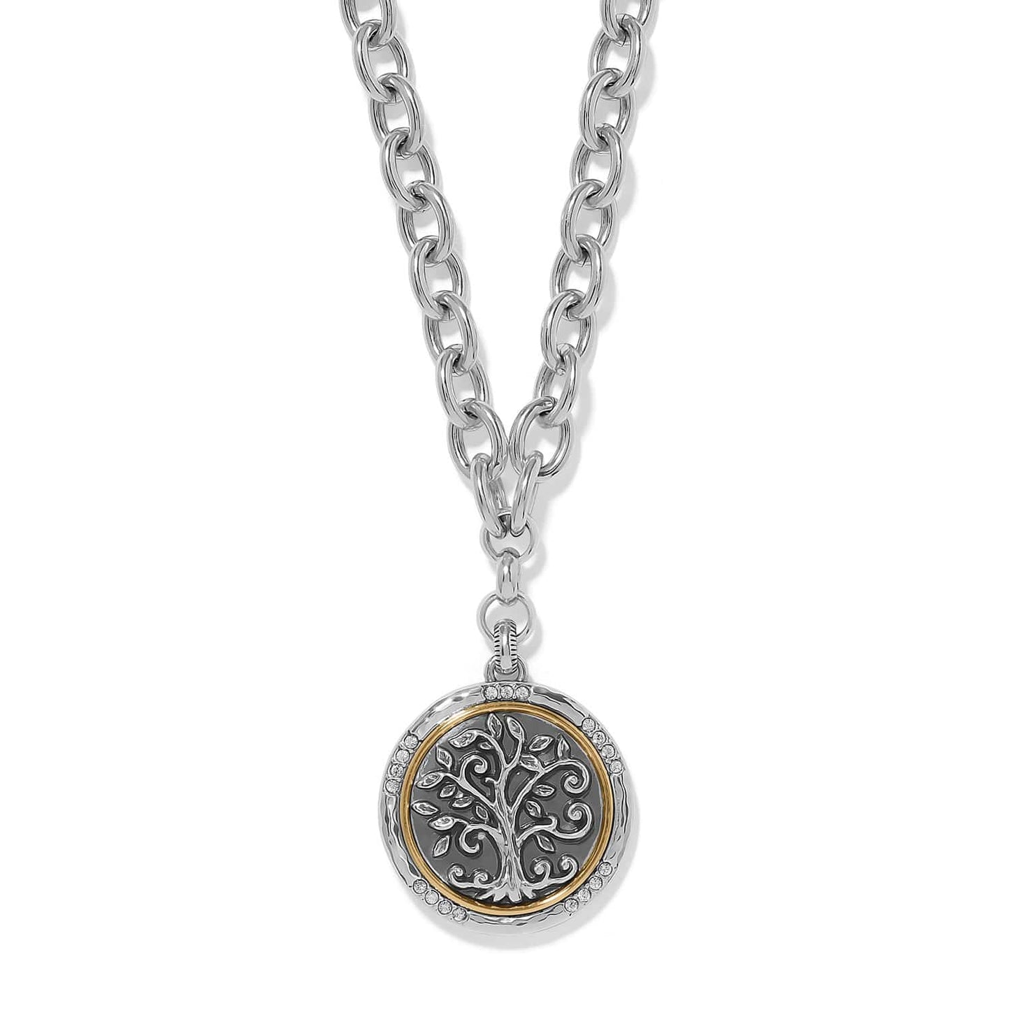 Brighton pendant necklace with two-tone tree of life medallion, crystal accents, and chunky silver-tone chain on a white background