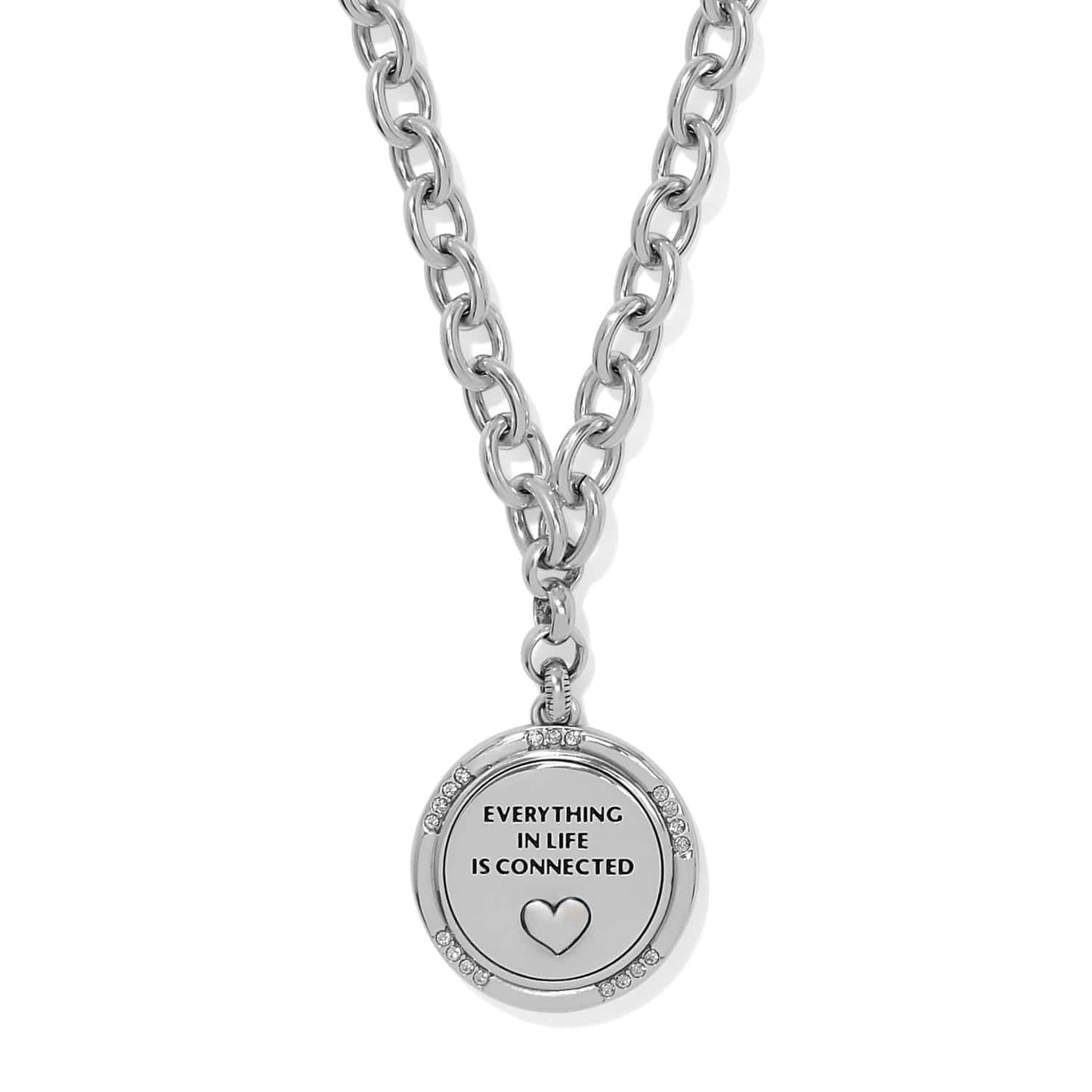 Brighton pendant necklace with engraved medallion reading everything in life is connected and crystal accents on white background