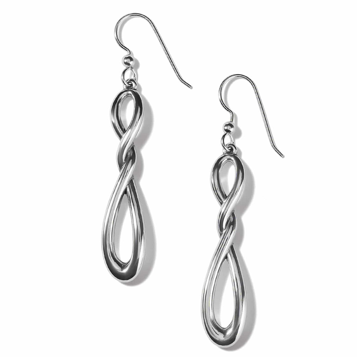 Brighton drop earrings with silver-plated twisted infinity design and French hook wires on a white background