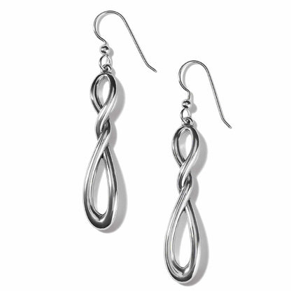 Brighton drop earrings with silver-plated twisted infinity design and French hook wires on a white background