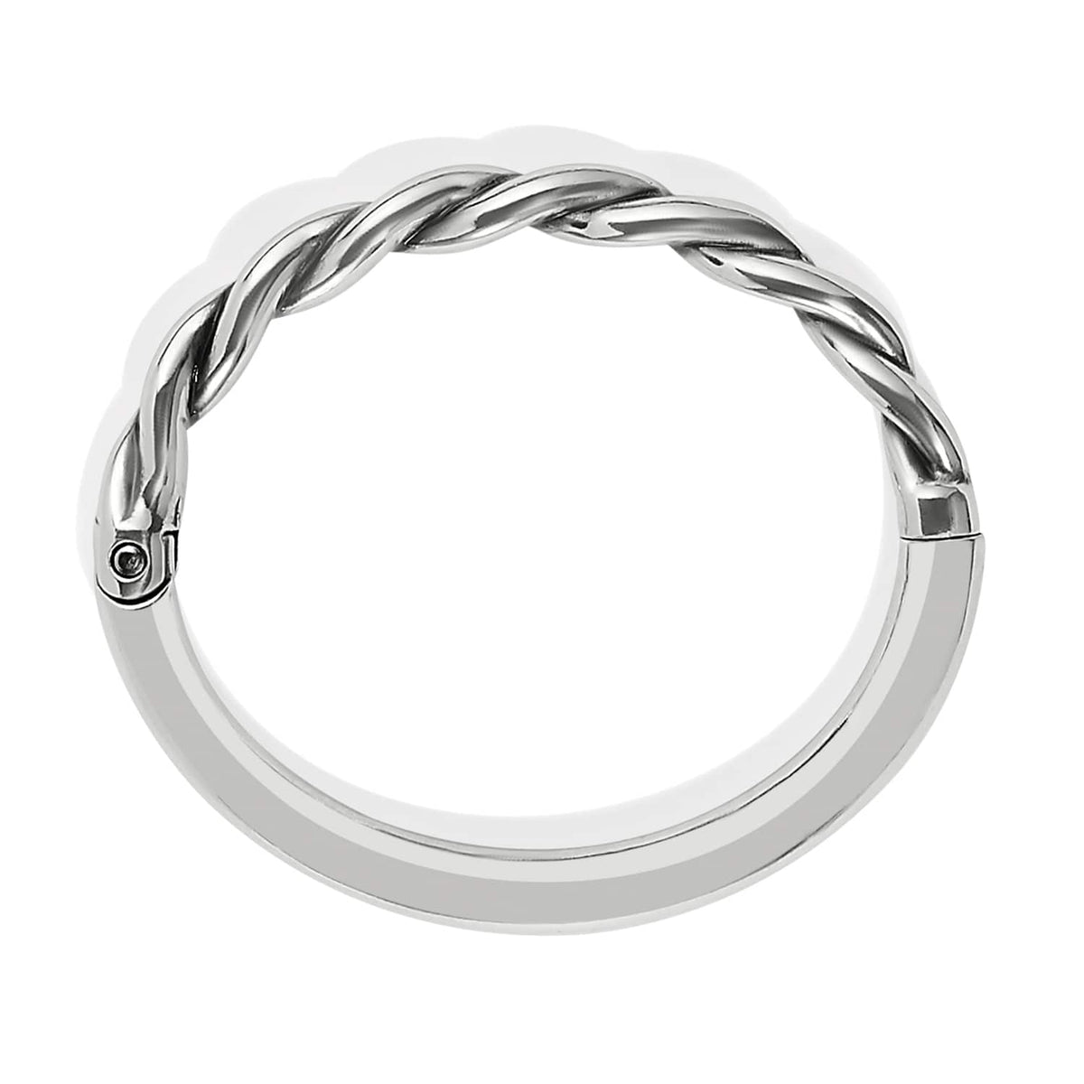 Brighton hinged bangle bracelet shown from the side with silver-plated twisted rope design on a white background