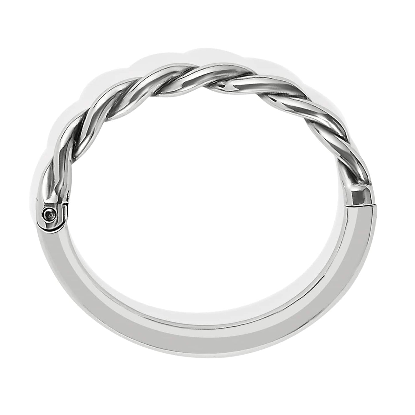 Brighton hinged bangle bracelet shown from the side with silver-plated twisted rope design on a white background