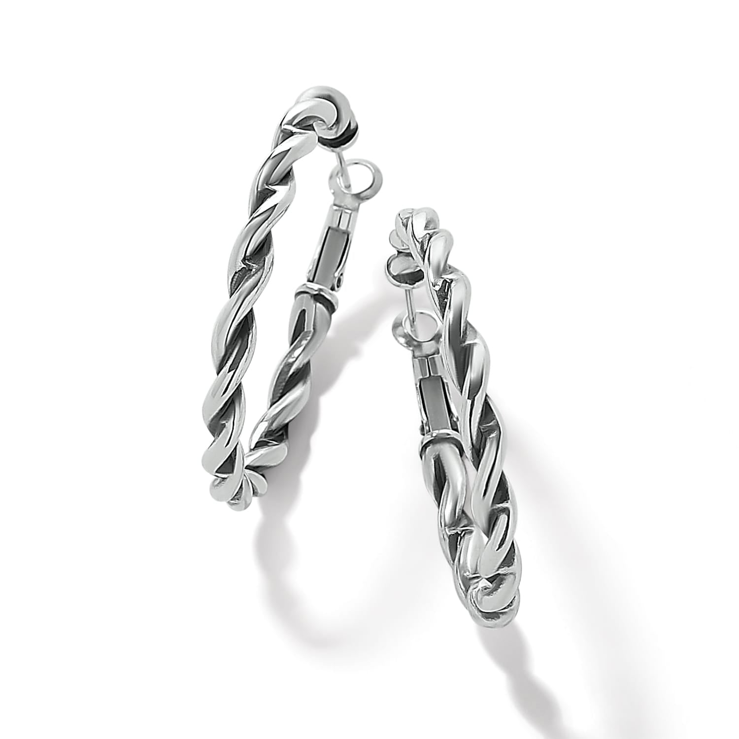 Brighton hoop earrings with twisted rope design and silver-plated finish on a white background