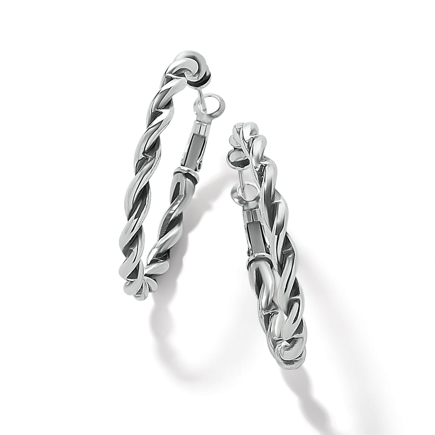 Brighton hoop earrings with twisted rope design and silver-plated finish on a white background