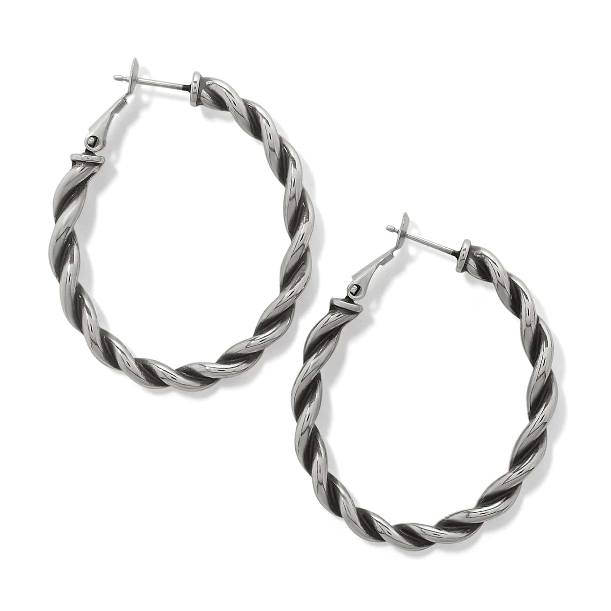 Brighton hoop earrings with silver-plated twisted rope design and hinged closures on a white background