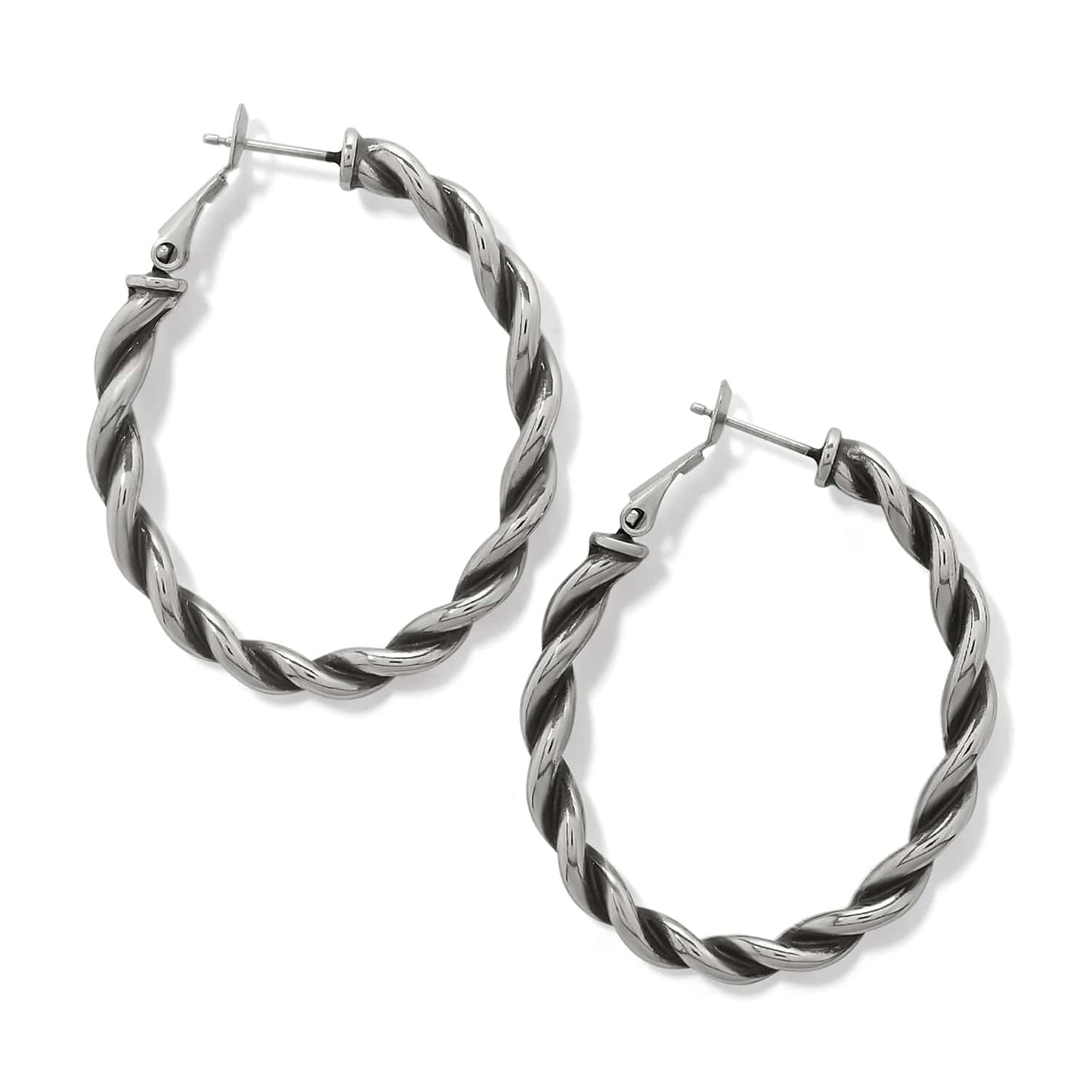 Brighton hoop earrings with silver-plated twisted rope design and hinged closures on a white background