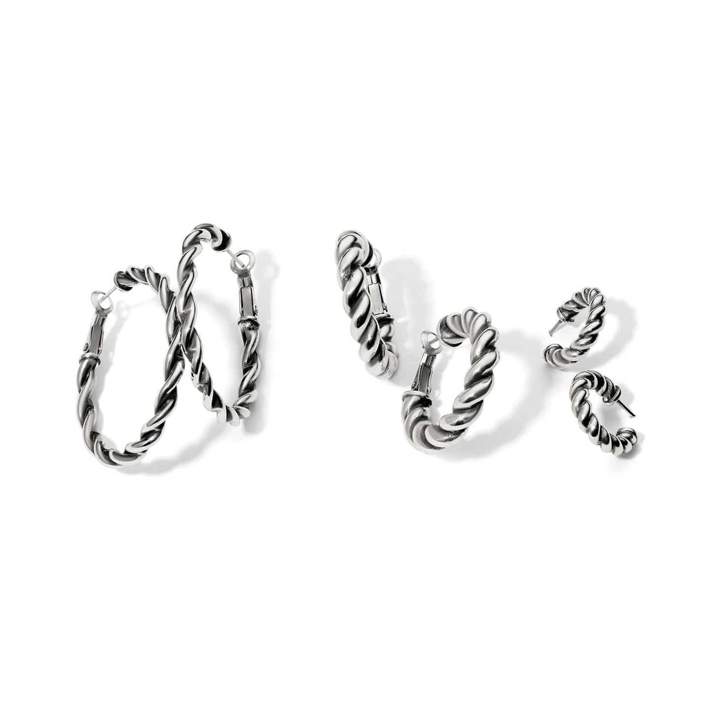 Brighton hoop earrings in three sizes with silver-plated twisted rope design on a white background